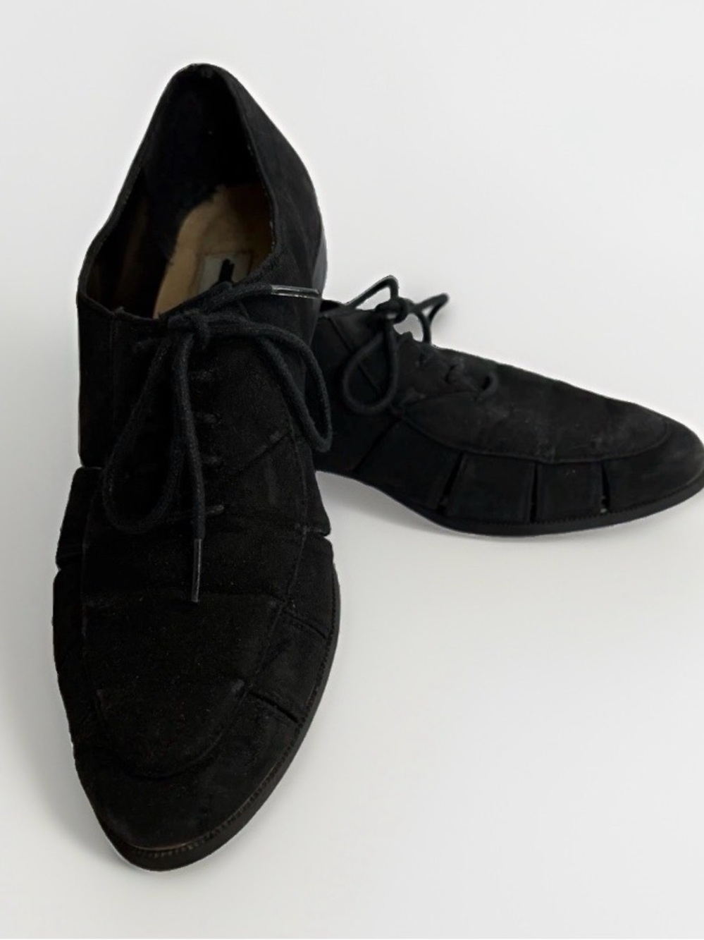 Vintage Rio Shoes Women 7.5 M Black Suede Lace Up Oxfords Cutout Flats TLC AS IS